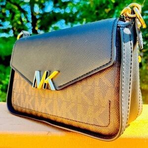 Michael Kors Sylvia Small Logo Flap Crossbody Brown Black NWT